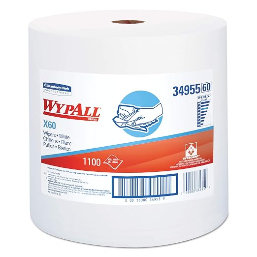 WypAll 34955 X60 Cloths, Jumbo Roll, White, 12 1/2 x 13 2/5, 1100 Towels/Roll