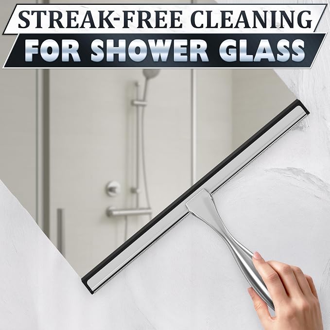 Shower Door Squeegee with Hook - 12" Silicone Blade, Stainless Steel Squeegee for Shower Glass with Adhesive Mount - All-Purpose Bathroom Tile, Mirror, & Window Wiper for Streak-Free Cleaning (Silver)