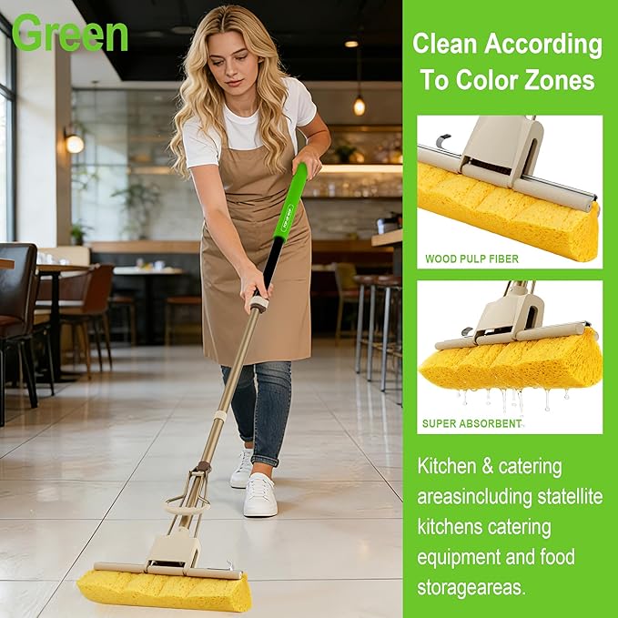 LILAC Cellulose Sponge Mop with 2 Replacement Heads, 4-Color Handle Choices for Zoned Cleaning, Super Absorbent Pop Up Roller Mop for Hardwood,Laminate Floors, Heavy Duty Floor Scrubber (Green)