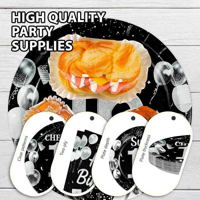 96Pcs 16th Black and Silver Birthday Party Supplies Cheers to 16 Years Plates and Napkins Disposable Sweet Black 16th Birthday Tableware Set for 16 Years Old Graduation Party Serves 24