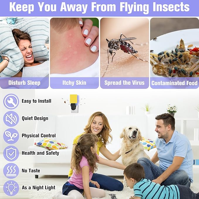 Flying Insect Trap Plug-in, Indoor Mosquito & Gnat Killer, Safe Non-Toxic UV Light Fly Catcher, Night Light Bug Trap with Sticky Pad for Flies, Gnats, Moths (2 Pack, Black)