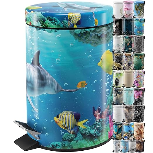 Sanilo Small Bathroom Trash Can with Lid [1.3 Gallon] - Lidded Tiny Trashcan for Garbage - Mini Metal Bin with Soft Closing Mechanism - Bath Room Accessoire Wastebin with Inner Bucket (Dolphin)