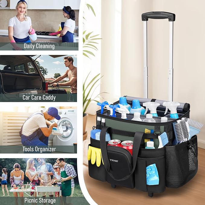 Ytonet Cleaning Caddy with Wheels, Large Rolling Caddy Bag with Detachable Trolley for Housekeepers, Water Resistant Cleaning Cart Supplies Organizer for Home, Car, Tool Organizer, Mobile Storage
