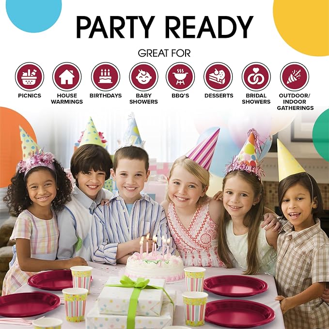 Exquisite Party Solids Burgundy Plates Disposable Burgundy Plastic Plates 100 Pieces - 50-7" & 50-9" Heavy Duty 350 GSM Disposable Dinnerware Sets, Plastic Dinnerware Sets