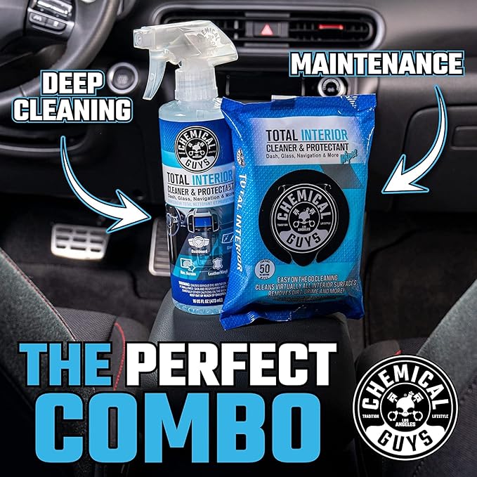 Chemical Guys Complete Total Interior Cleaner & Protectant Kit - 5 Items Including 16 oz Sprayable Total Interior Cleaner & Protectant, 50 Pack of Total Interior Wipes & (3) Microfiber Towels