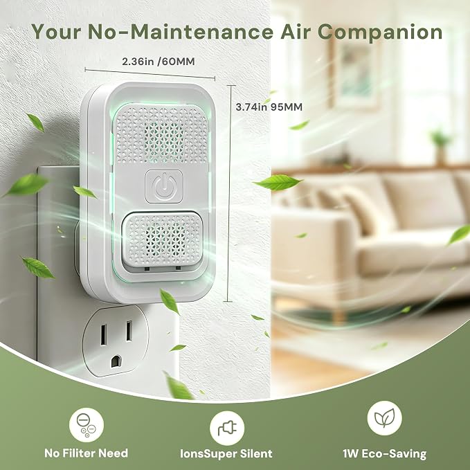 Plug in Air Purifiers for Home - High-Density Ionic Air Purifiers for Bedroom, Bathroom, Kitchen - Negative Ion Generator Odor Eliminator for Pets, Smoke, Dust, Smell - No Filter, White (6-Pack)