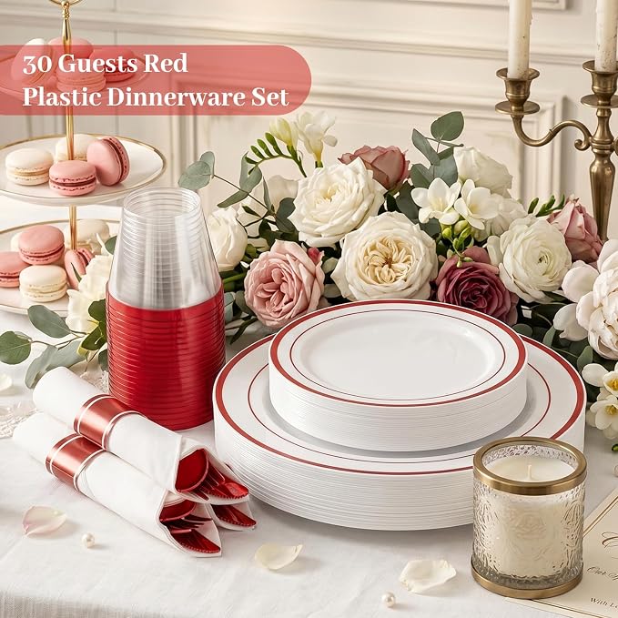 DaYammi 210PCS Red Plastic Dinnerware Set Red Plates Disposable Disposable Plates for Party Include: 30 Dinner Plates,30 Dessert Plates,30 Pre Rolled Napkins with Silverware,30 Cups for Wedding