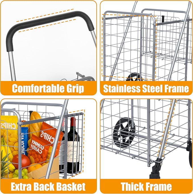 Whitmor Utility Folding Shopping Cart, 115L Heavy Duty Grocery Cart with Double Basket, 360° Swivel Wheels, Foldable Rolling Utility Trolley, 110 Lbs Capacity for Grocery, Laundry, Travel, Sliver