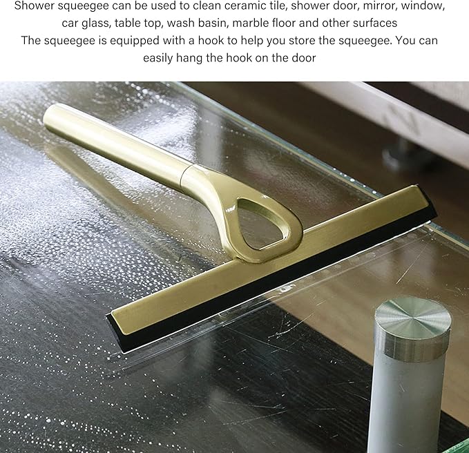 Stainless Steel Shower Squeegee with Hook, All-Purpose 8.9-Inch Window Squeegee for Bathroom Glass Doors, Mirrors, Tile Walls, Car , Streak-Free Tool