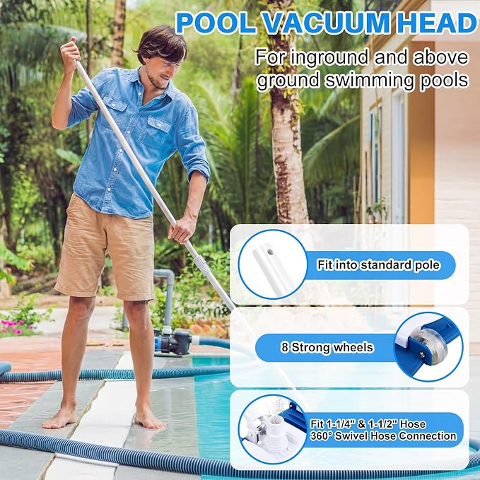 3 Pcs Pool Cleaning Kit 14" Vacuum Head with Flexible Wheels, 1-1/2 x 18ft Hoses and Skim Vacuum Plate Pool Maintenance Cleaning Accessory Tool for Fast, Easy Debris Removal