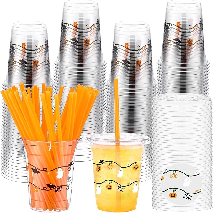 LemonRoad 50 Pcs 12oz Halloween Plastic Cups with Straws and Lids, Disposable Clear Party Cups Pumpkin Ghost Witch Drinking Set for Halloween Birthday Party Favors Supplies(Orange,Classic Style)