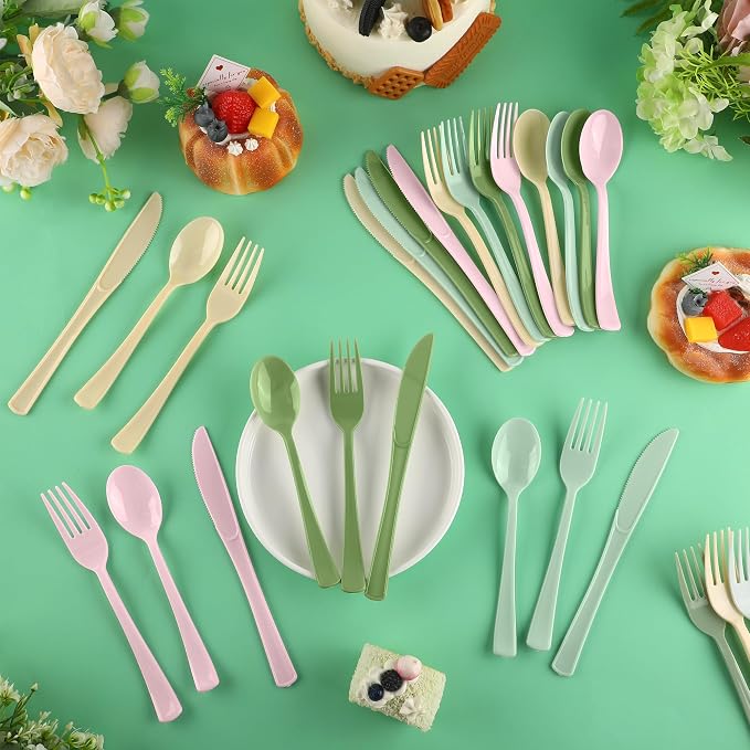 Kochorie 300 Pieces Sage Green and Pink Plastic Silverware, Disposable Plastic Utensils, Heavy Duty Cutlery Set Heavyweight Flatware Includes Spoons Forks Knives for Birthday Wedding Party Supplies
