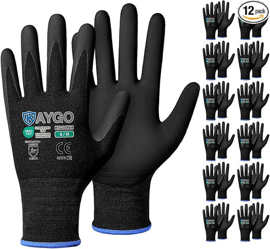 KAYGO Safety Work Gloves MicroFoam Nitrile Coated, 12 Pairs KG18NB,Seamless Knit Nylon Glove with full fingers Touchscreen, Ideal for Automotive,Warehouse,Construction (Medium, Black)