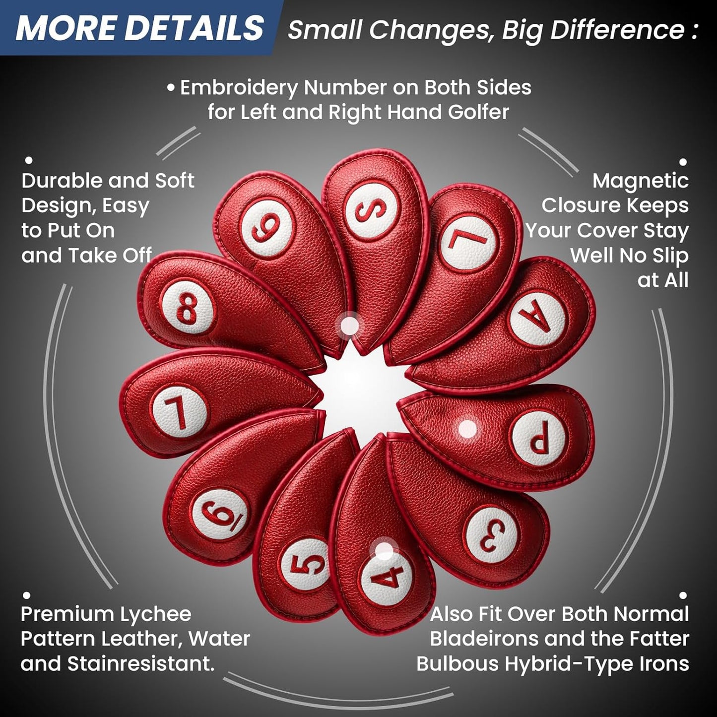 FINGER TEN Golf Club Covers for Irons Magnetic Value 11 Pack, Synthetic Leather Deluxe Head Cover Set Headcovers for Irons Fit Main Iron Clubs