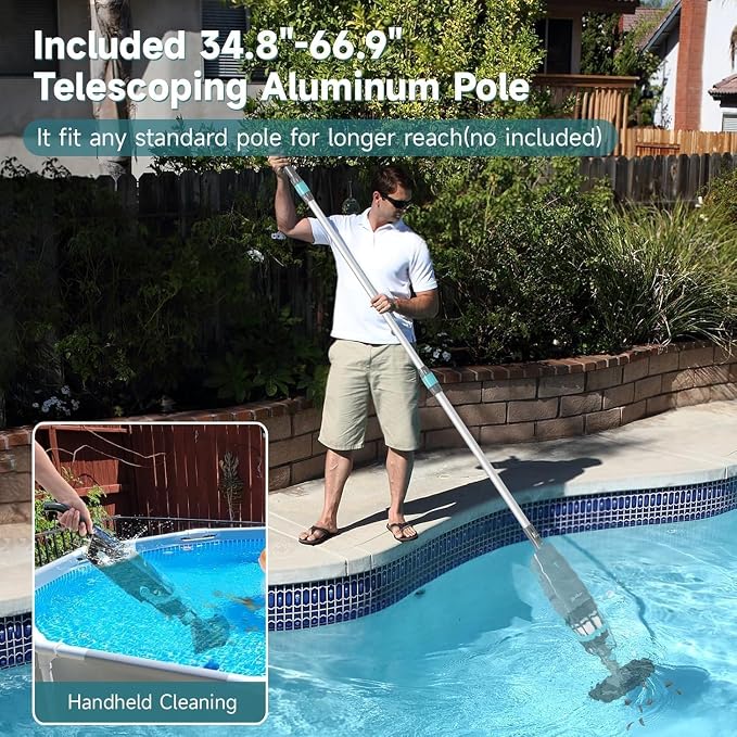 Cordless Handheld Pool Vacuum for Above & Inground Pools, with 20 Gal/Min Suction, 60 Min Runtime, Dual-Phase Cleaning System,65in Telescopic Pole, for Spas & Hot Tubs, Jet Black(New Version)
