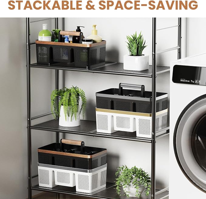 BYUNER Black Shower Caddy Portable: Plastic Bathroom Caddy Organizer with Handle and Holes, Cleaning Caddy, Hard Shower Basket Storage Tote for Toiletry, College Dorm Room Essentials for Men