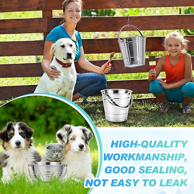 Hicarer 6 Pcs 1.5 Quart Stainless Steel Dog Water Bucket, Heavy Duty Stainless Steel Easy Clean Bucket Water Pails for Dogs Pets, for Kennels Farms Fences Cages Home
