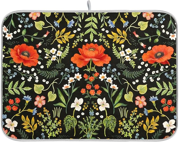 Colorful Floral Absorbent Dishes Drainer/Rack Mat for Countertop Small Size 16 x 18, Microfiber Dish Drying Pads Kitchen Counter Draining Pad