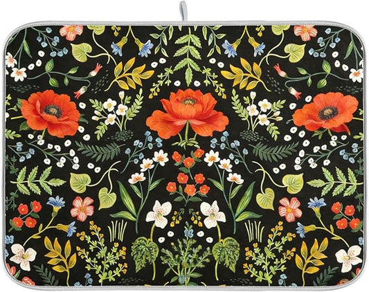 Colorful Floral Absorbent Dishes Drainer/Rack Mat for Countertop Small Size 16 x 18, Microfiber Dish Drying Pads Kitchen Counter Draining Pad