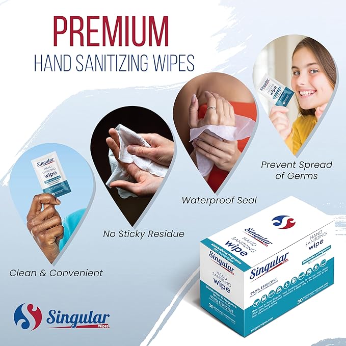 Hand Sanitizing Wipes Travel Size by Singular Wipes – 30ct Individually Wrapped | Fresh Citrus Scent, Moisturizing, 75% Alcohol Wipes | Travel, Office, School, Home
