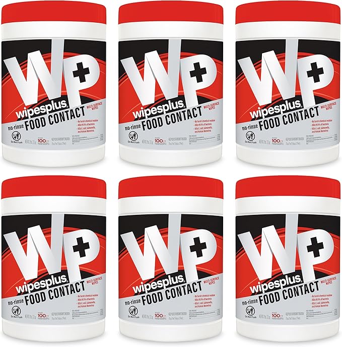 WIPESPLUS Cleaning Wipes All Purpose Food Contact - No Rinse, No Residue, Quick Dry Formula, Disinfecting Wipes For Restaurants, Foodservice, Schools - Canister, 100 Count, (Pack of 6)