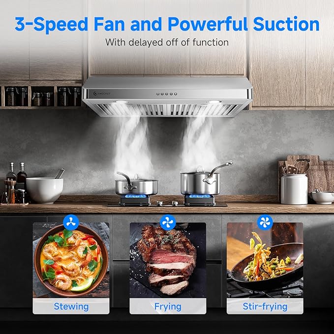 AMZCHEF 30" Under Cabinet Range Hood with Dual Fans System-1050CFM Ultra-Powerful Ventilation,3 Speed Stainless Steel Kitchen Hood Button Control Dishwasher-Safe Baffle Filters Three Outlet Design