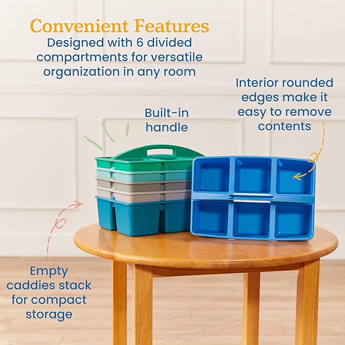 ECR4Kids 6-Compartment Large Plastic Caddy, Multipurpose Organization, Contemporary, 6-Pack