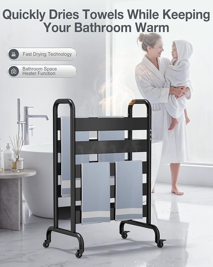 Freestanding Heated Towel Rack 10-Bar, Double Layer Electric Towel Warmer with Wheels, 400W Fast Heating, Adjustable Temperature 110–170°F, Timer & Auto Shut-Off, Space Aluminum, Black
