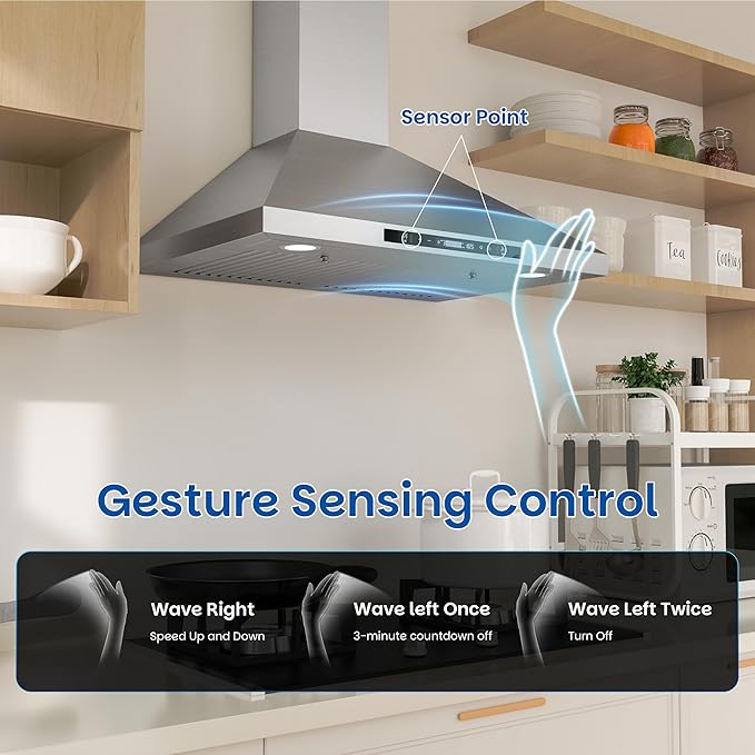 FIREGAS Wall Mount Range Hood 30 Inch, 900 CFM Ducted Kitchen Hood 3-Speed Exhaust Fan, Gesture/Touch Control, Timer, 2 Baffle Filters, Stainless Steel Stove Vent Hood