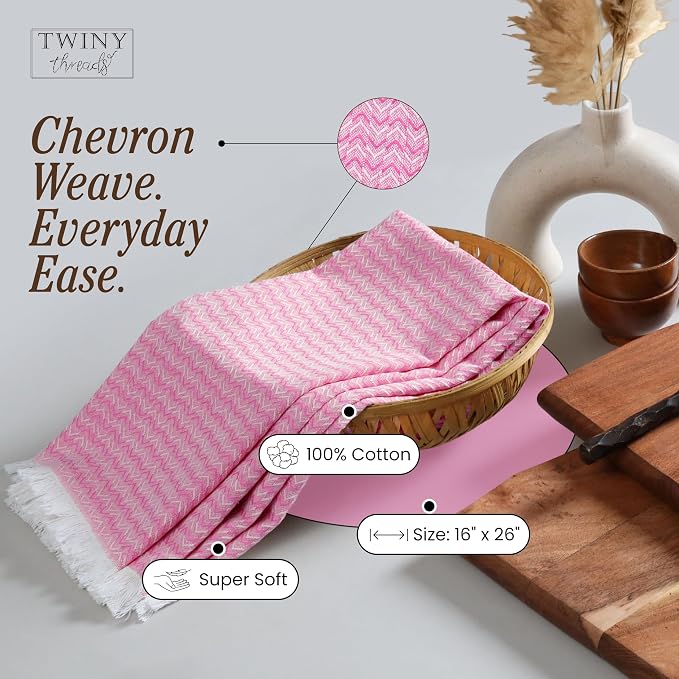 TWINY threads Dish Towel Chevron Weave, Premium 100% Cotton Kitchen Linen Set, Large Dish Rags and Wash Rags, Absorbent Quick Drying, Washable Reusable Dishcloth Set, 4 Pack, 16"x26", Rose Pink