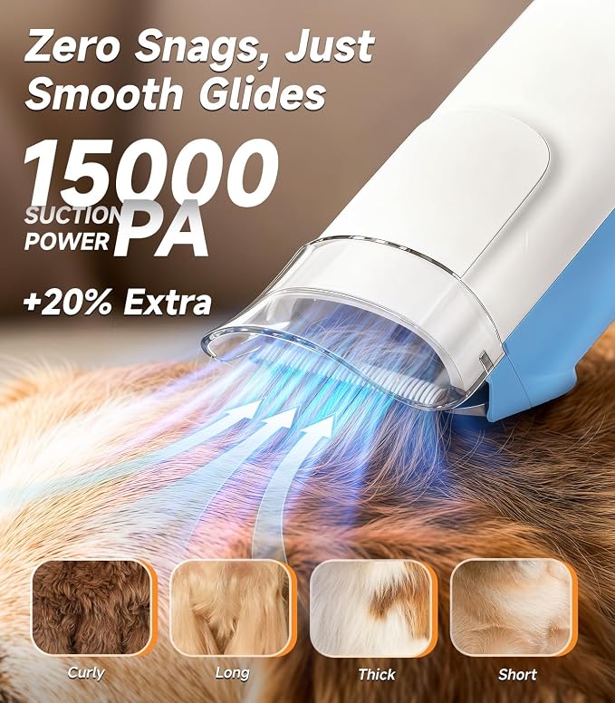 buenkee Dog Grooming Kit with Vacuum, 15000Pa Pet Hair Clipper and Shedding Brush, 2L Capacity, Blue