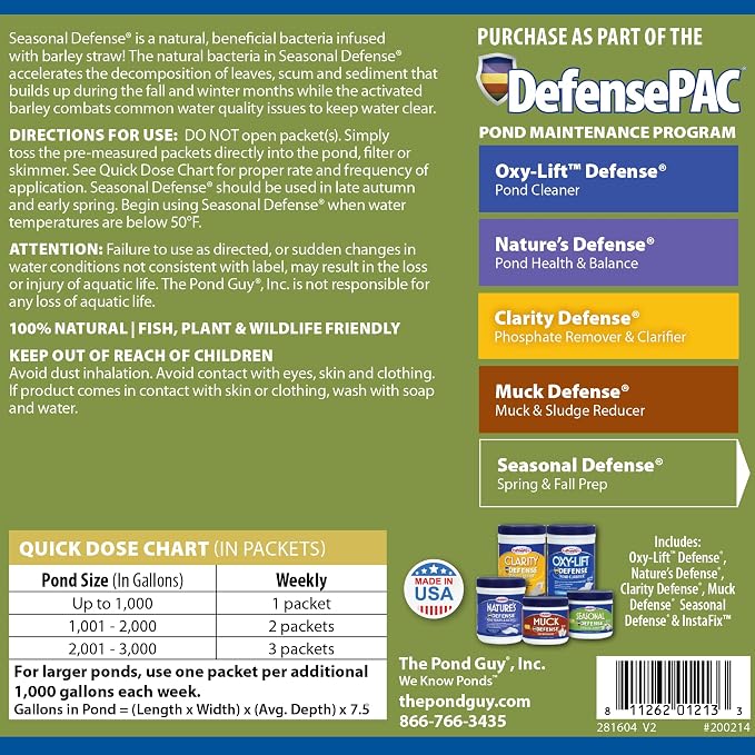 The Pond Guy Seasonal Defense, Spring & Fall Beneficial Bacteria, Barley & Enzymes, Cold Water Pond Sludge & Scum Treatment, Fish & Plant Safe, 12 Packets