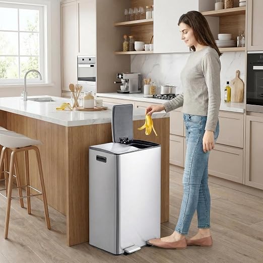 Garvee Kitchen Trash Can with Lid, 16 Gal / 60L (2 x 8 Gal) Dual Compartment Stainless Steel Garbage and Recycling Bin Combo with Independent Step Pedals & Removable Inner Buckets