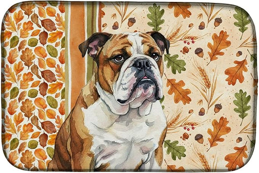 Caroline's Treasures Brindle and White English Bulldog Heirloom Fall Dish Drying Mat Absorbent Dish Drying Mat Pad for Kitchen Counter Dish Drainer Mat for Countertop, 14 x 21", Multicolor