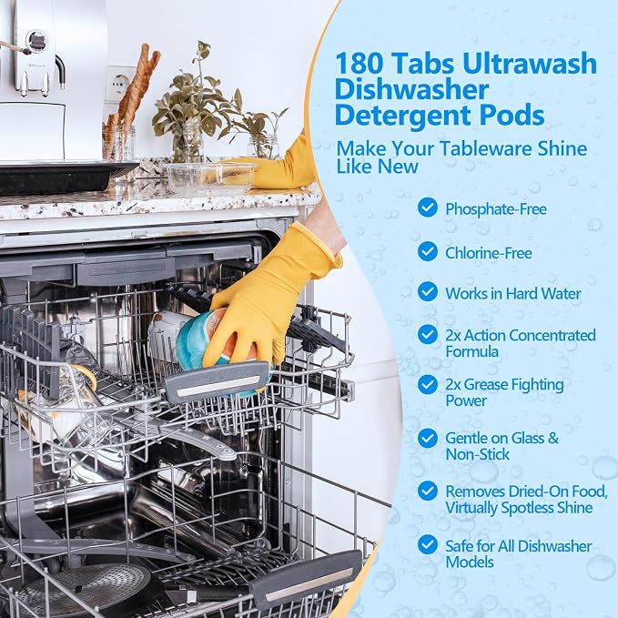 180 Pack UltraWash Dishwasher Detergent Pods,No Pre-Rinse Dishwasher Detergent Soap On Stain and Grease, Cuts Grease & Stuck-On Food,Sparkling Dishes & Glasses,Dishwasher Detergent for Deep Cleaning