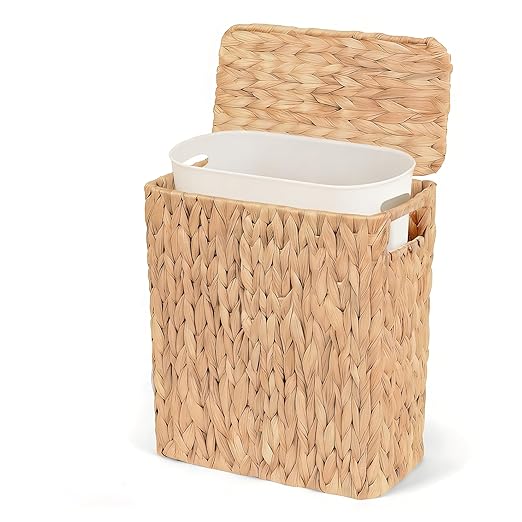 3 Gallon Wicker Trash Can with Lid and Removable Liner, Natural Water Hyacinth Handwoven Bathroom Waste Basket for Bedroom,Toilet, Living Room, Under Sink, Kitchen (No Brush)