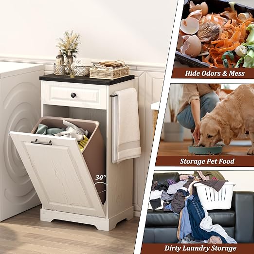Function Home Trash Can Cabinet, 13 Gallon Tilt Out Trash Cabinet, Wooden Kitchen Garbage Can with Hideaway Drawer, Pet Proof Trash Can Holder for Kitchen Living Room, Antique White with Black Top