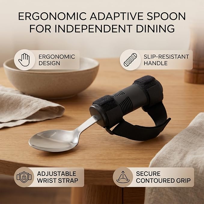 Adaptive Utensil, Supportive Special Supplies Spoon for Hand Tremors, Parkinsons, Arthritis, Elderly, Wide Spoon with Anti Slip Handle and Adjustable Strap
