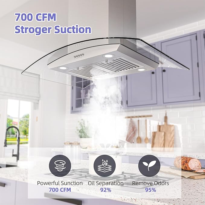 FIREGAS Island Range Hood 36 inch, 700 CFM Ceiling Mount Kitchen Vent Hood Ducted/Ductless Convertible,3 Speed Fan，4 Lights,Permanent Baffle Filters Stainless Steel Stove Hood
