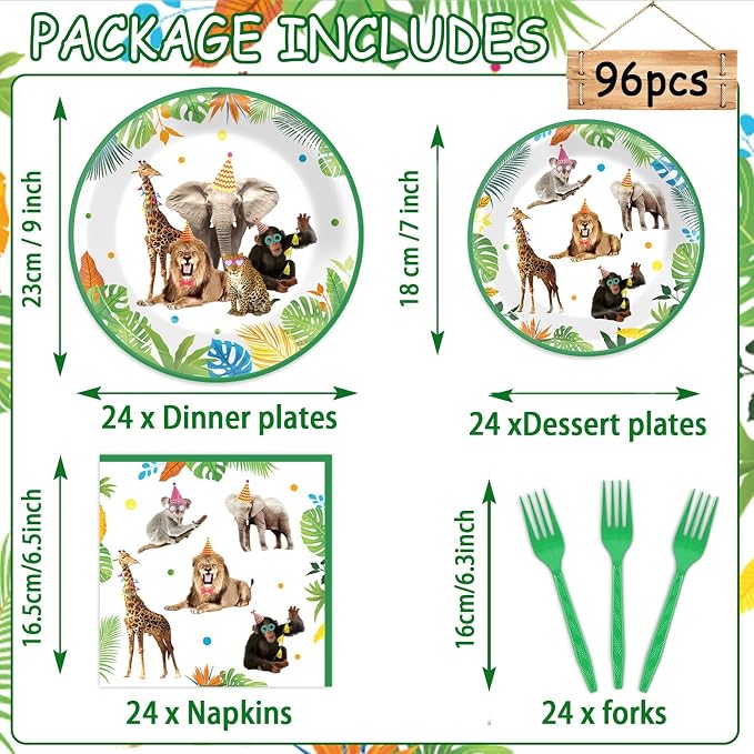 96Pcs Jungle Birthday Party Plates and Napkins Safari Animals Themed Party Decorations Jungle Theme Party Disposable Tableware Set for 24 Guests Wild Animals Gold Safari Zoo Birthday Favors Supplies