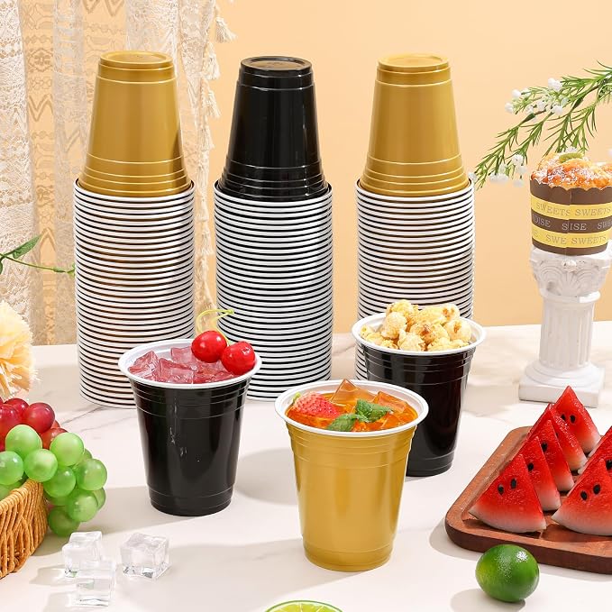 tchrules 100PCS 12oz Plastic Cups for Party, Disposable Black and Gold Graduation Cups Bulk, Black & Gold Plastic Drinking Cup for Halloween Christmas Wedding Birthday Picnic Holiday Party Supplies