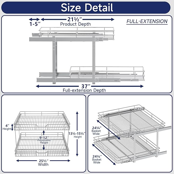 2-Tier Pull Out Cabinet Organizer, 25.5" W x 21.5" D, Heavy Duty Dual Slide Out Shelves for Wide Base Cabinets, Chrome Wire Basket Drawer for Pots, Pans, Pantry & Cleaning Supplies