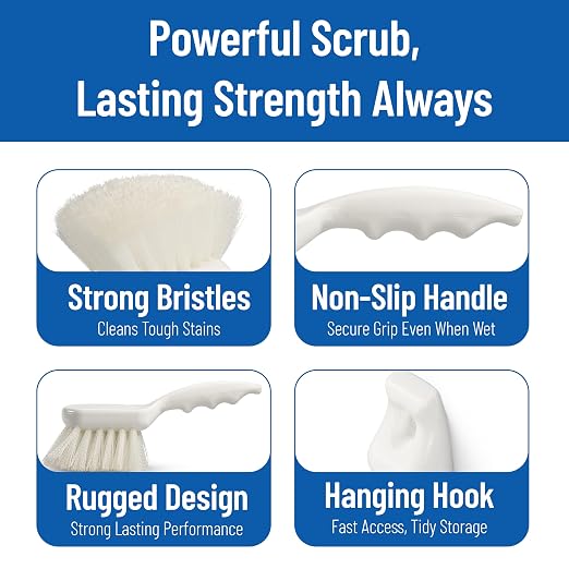 SPARTA Flo-Pac 8" Utility Scrub Brush with 2" Nylon Bristles, Plastic Pistol Grip Handle, Commercial Handheld Cleaning Brush, White