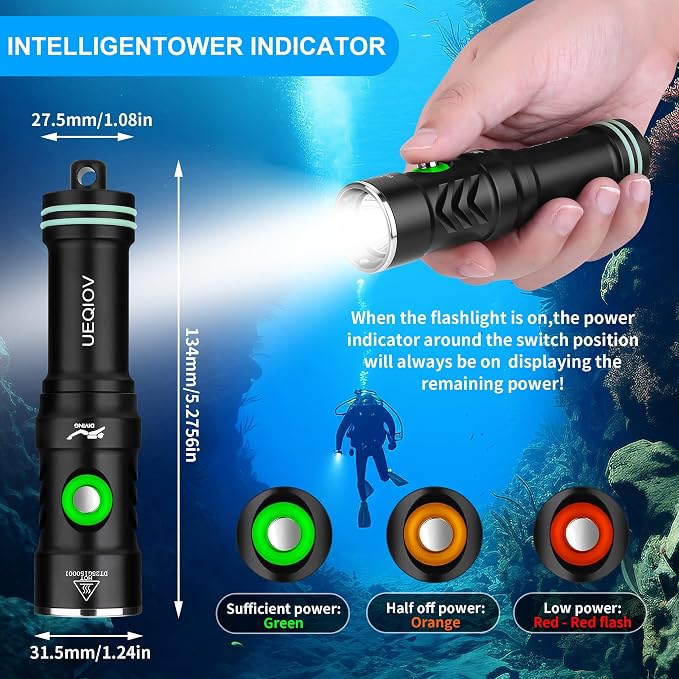 Dive Light Underwater Diving Flashlight, Super Bright Rechargeable Waterproof Flashlight with Battery Level Indicator, Suitable for Scuba Diving and Snorkeling Night Diving Light