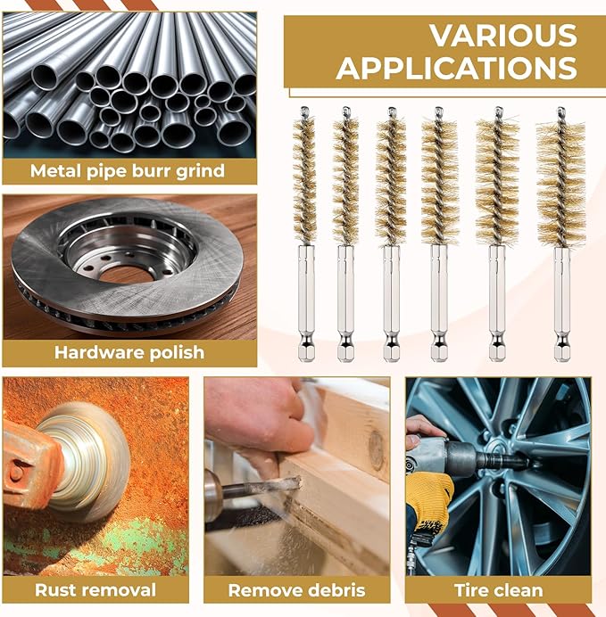 60 Pcs Bore Brush for Drill, Stainless Steel Wire Cleaning Brushes Bulk with 1/4" Hex Shank Copper Pipe Cleaner Drill Attachment for Rust Engine Tube(8/10/12/15/17/19mm)(Brass)