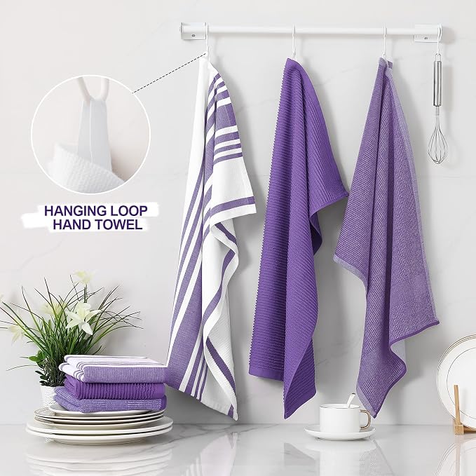Homaxy Premium Kitchen Towels(18”x 28”, 6 Pack), Large Cotton 380 GSM Kitchen Hand Towels, Soft and Absorbent Terry Dish Towels, Multipurpose Tea Towel Set with Hanging Loop, Purple