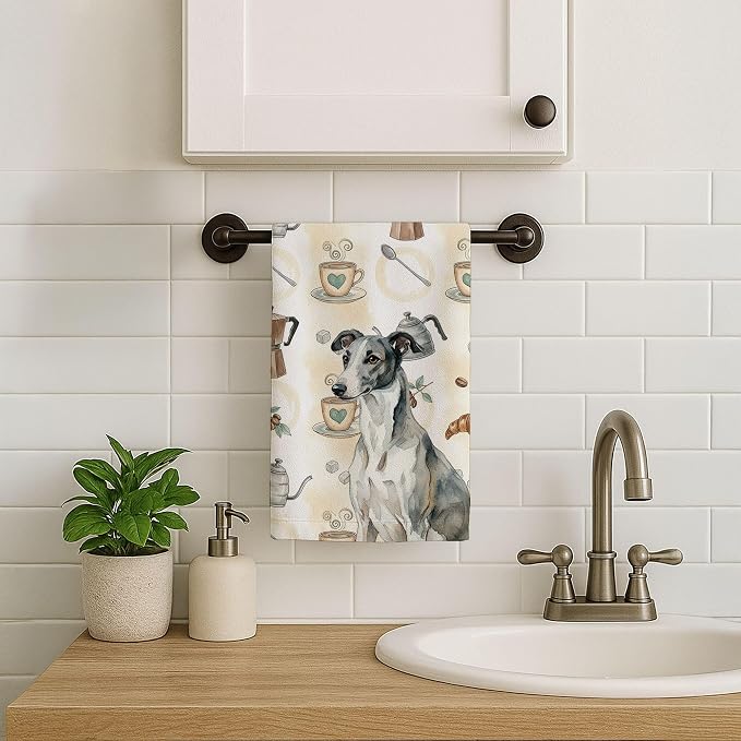 Caroline's Treasures Black and White Greyhound Coffee Bar Kitchen Towel Velour Plush Front and Cotton Loop Back Machine Washable