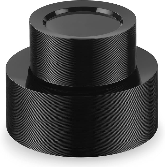 Munfix 100 Black Plastic Plates Set, 50 Pcs 10 Inch Plastic Dinner Plates and 50 Pcs 7 Inch Plastic Dessert Plates, Elegant Fancy Heavy Duty Disposable Plates for Party, Wedding, Black