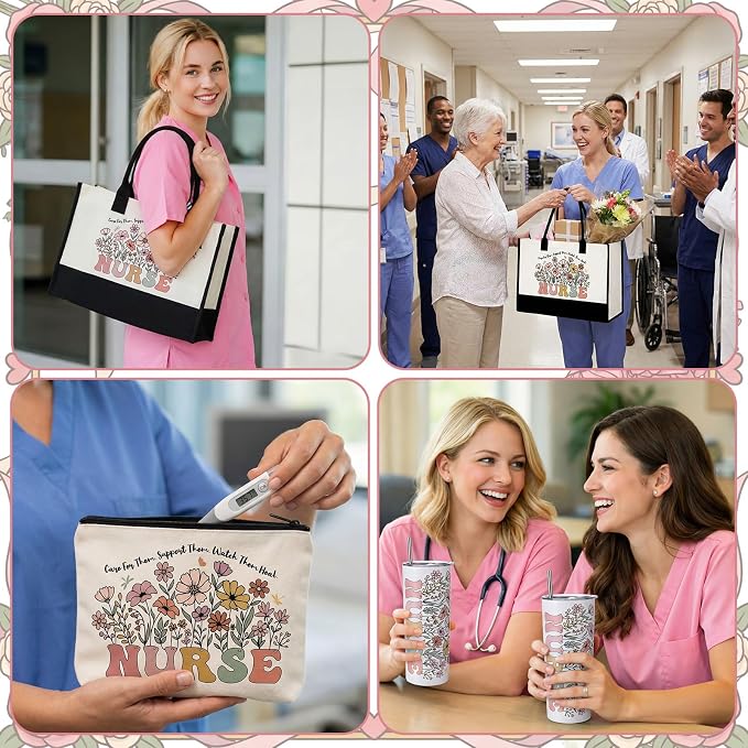 Patelai 7 Pcs Nurse Appreciation Gift Set, Thank You Nurses Gifts with 20oz Tumbler Tote Bag Candle Socks Makeup Bag Keychain Card, Nurse Week Gifts Nursing Graduation Gift for Women Nurses CNA RN