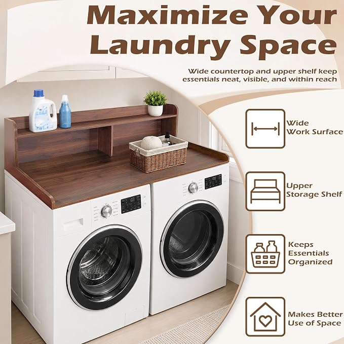 Royxen Laundry Countertop with 2-Tier Shelf Universal Fit, Washer and Dryer Countertop with Storage Space, Shelf Height 11.5 Inches, Solid Wood Core, Walnut